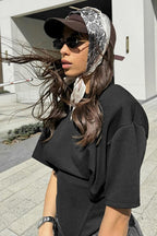 Solid Wide Shoulder Tie Waist Elbow Sleeve T-Shirt