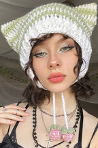 Fox Ears Color Block Striped Pom Knitted Hat