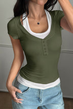 Color Block Fake Two Piece Cami Sleeve T‑Shirt