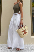 Solid Ruched High-Waisted Wide-Leg Pants