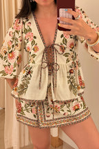 Boho Floral Linen Tie Mini Skirt Set