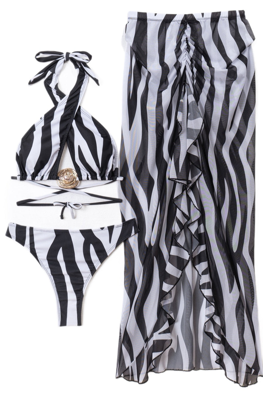 Zebra Long Skirt Three Piece Swim Set