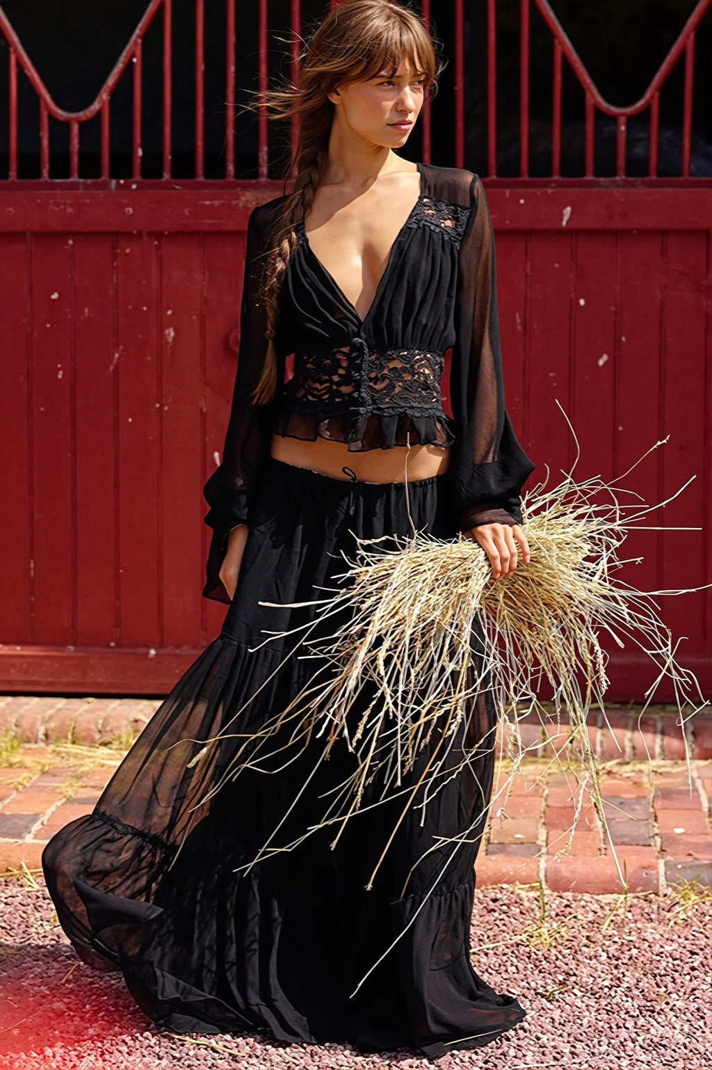 Lace Chiffon Open Front Wrap Maxi Dress