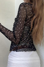 French Vintage Floral Bow Tie Tulle Cardigan Blouse