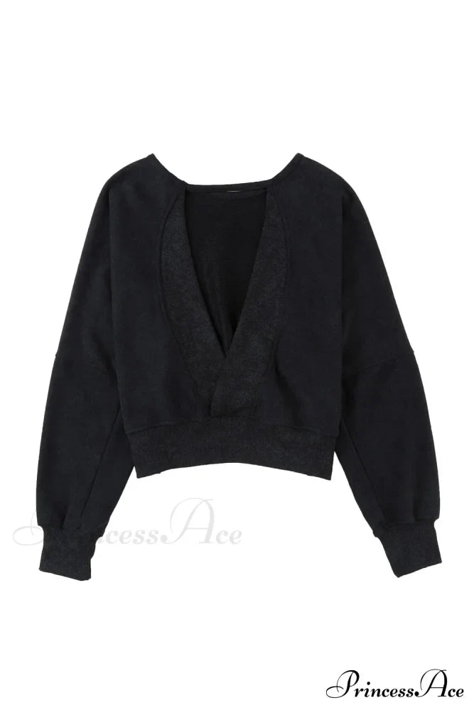 Acid Back Wash Open V-Shape In Sweatshirt Black
