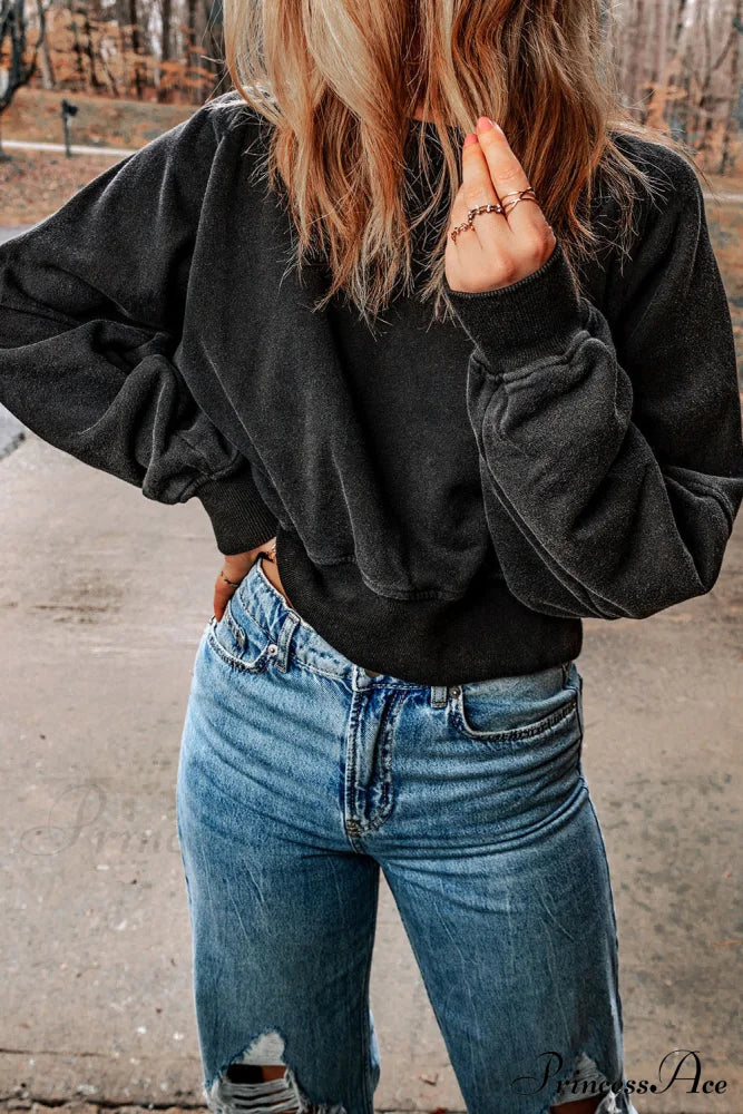 Acid Back Wash Open V-Shape In Sweatshirt Black