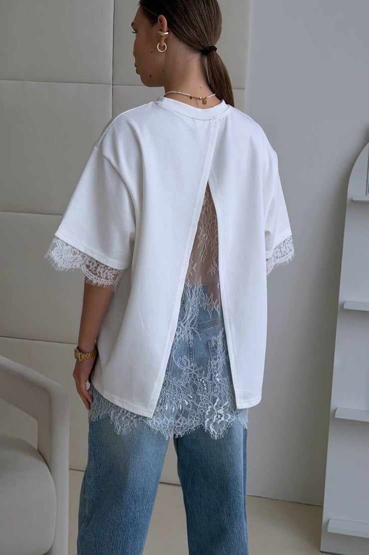 Minimalist Sweet Lace Splice Short Sleeve T-Shirt