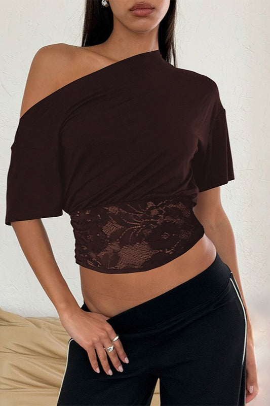 Asymmetric Off Shoulder Lace Waist Slim Crop T-Shirt
