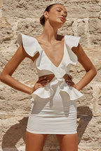 V-Neck Waist Cutout Ruffle Bodycon Mini Dress