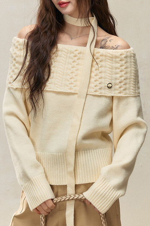 Off-The-Shoulder Fitted Cable Knit Blouse