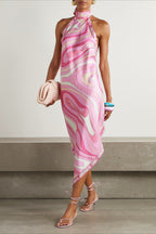 Floral Satin Backless Halter Midi Dress