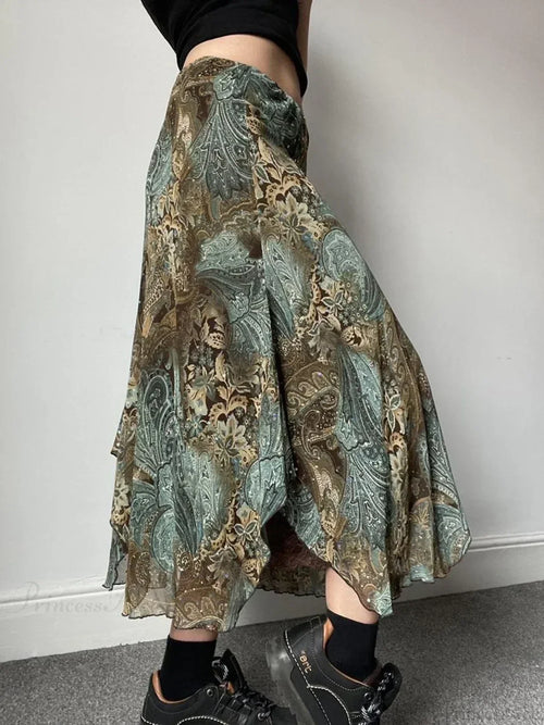 Aesthetic Floral Print Asymmetrical Boho Vacation Lace Skirt