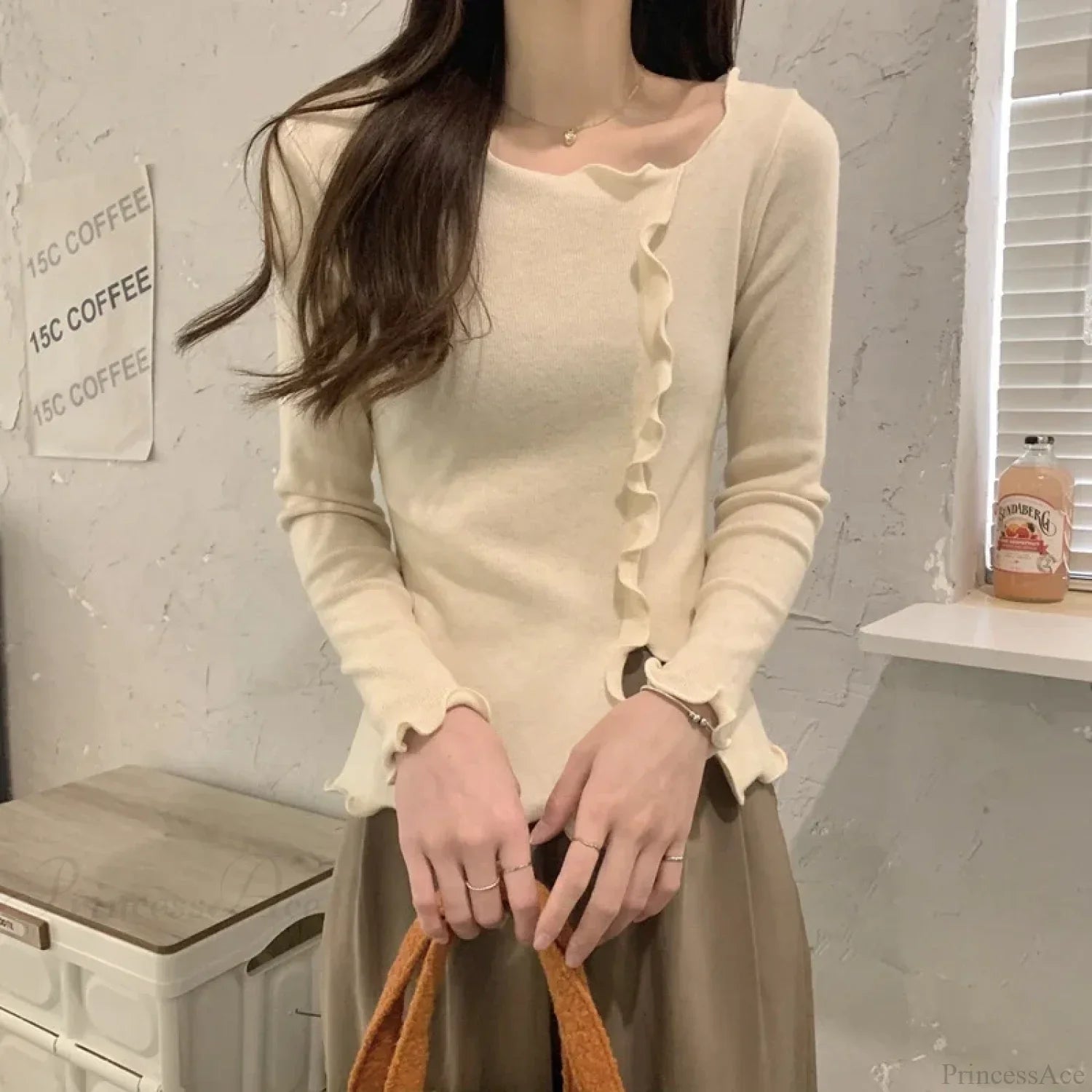 Aesthetic Irregular Ruffles Knit Crop Solid Long Sleeve Top