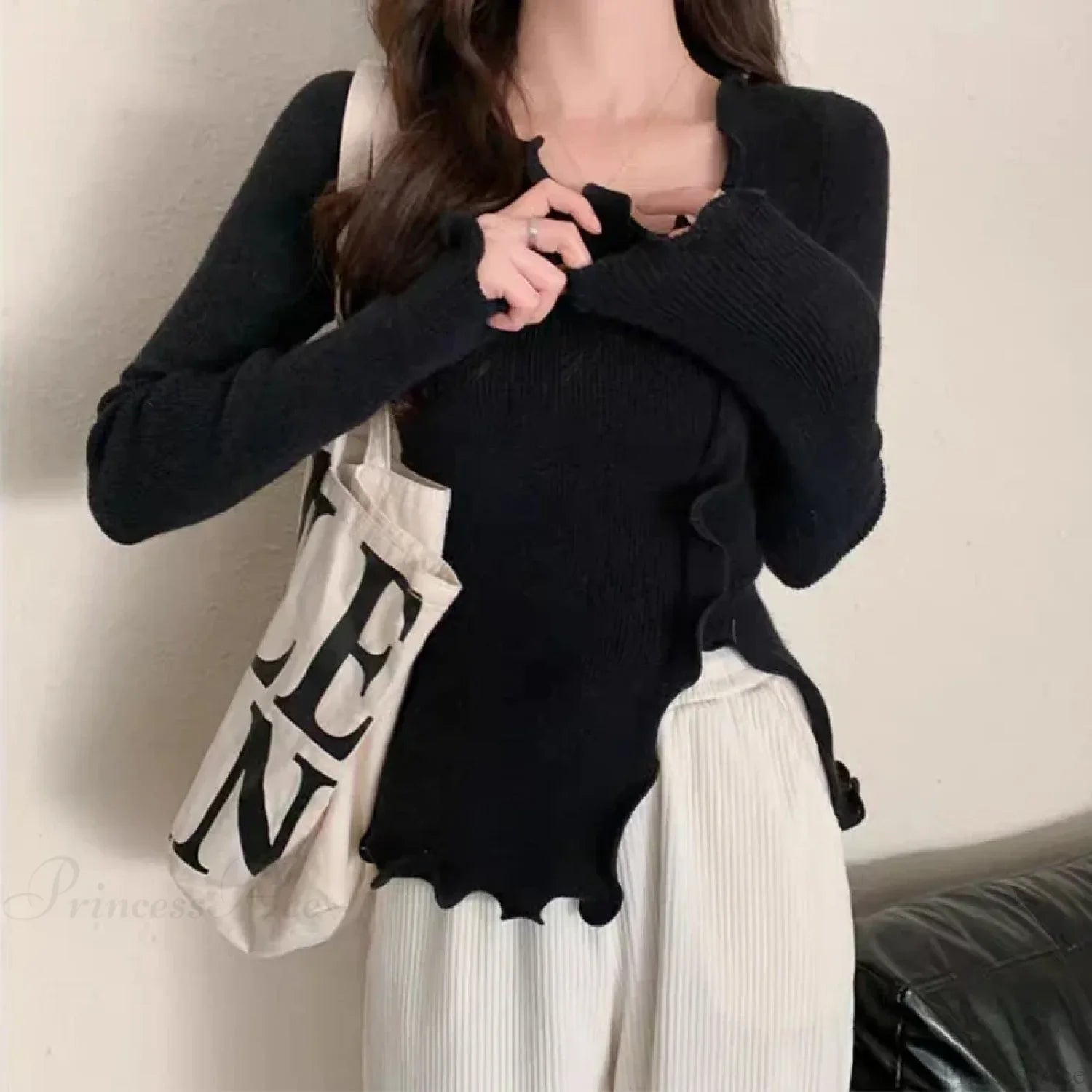 Aesthetic Irregular Ruffles Knit Crop Solid Long Sleeve Top