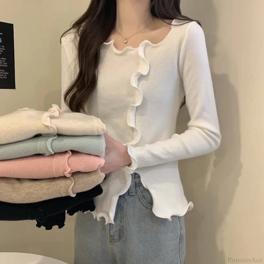 Aesthetic Irregular Ruffles Knit Crop Solid Long Sleeve Top