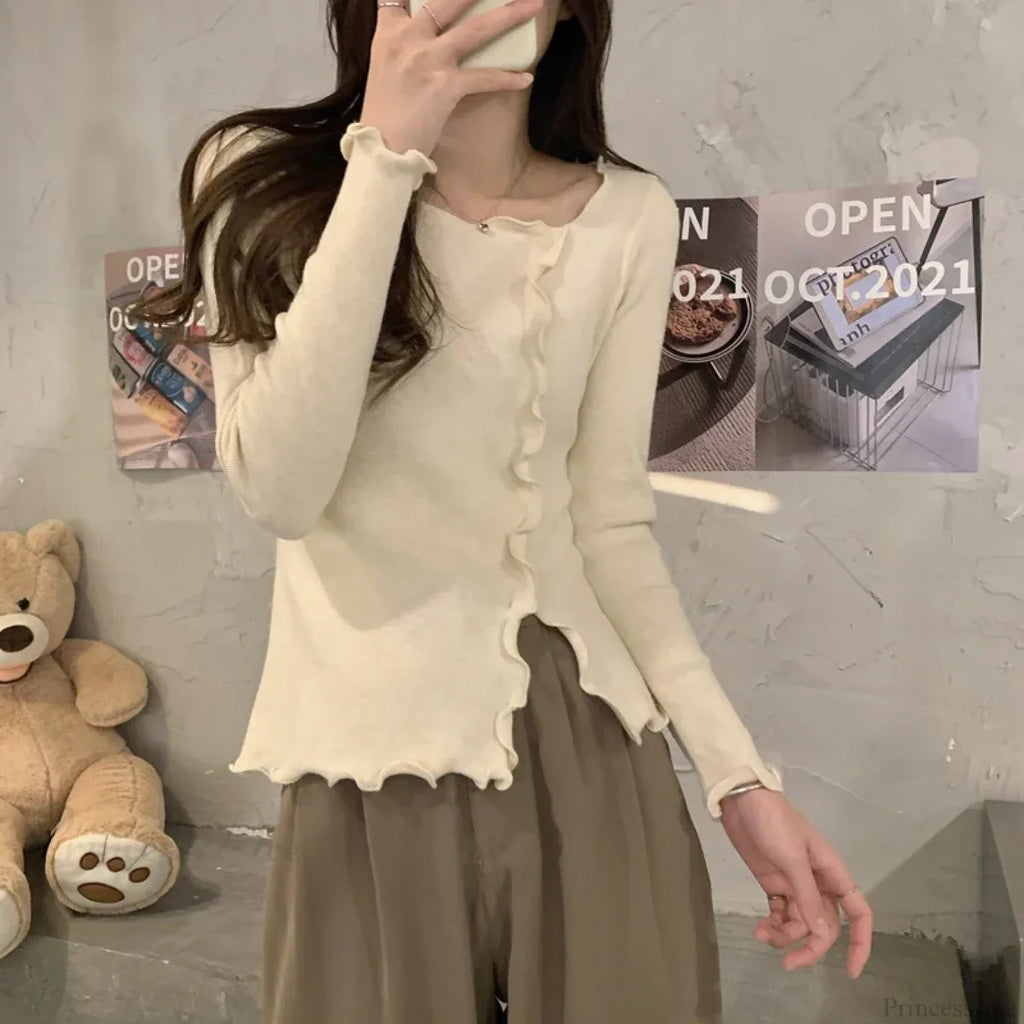 Aesthetic Irregular Ruffles Knit Crop Solid Long Sleeve Top