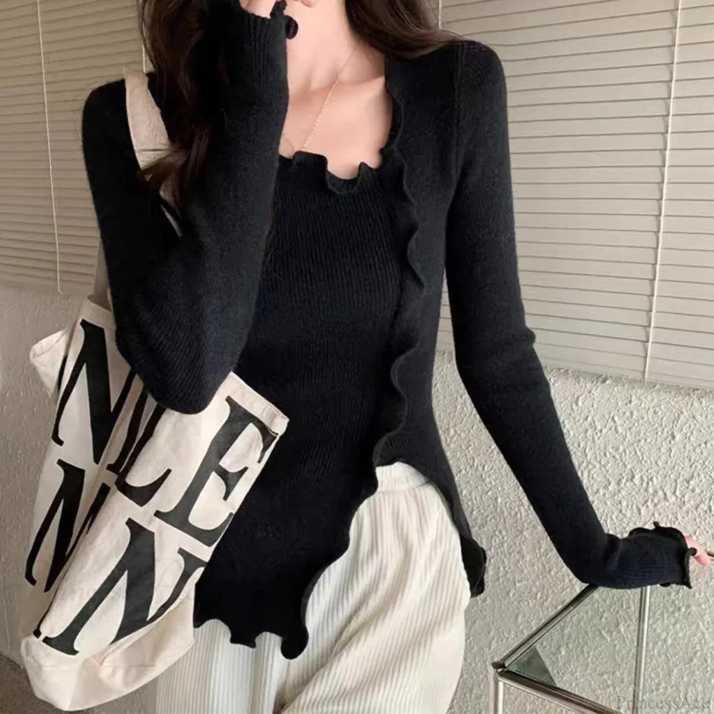Aesthetic Irregular Ruffles Knit Crop Solid Long Sleeve Top