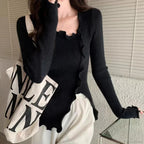 Aesthetic Irregular Ruffles Knit Crop Solid Long Sleeve Top