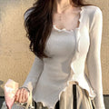 Aesthetic Irregular Ruffles Knit Crop Solid Long Sleeve Top
