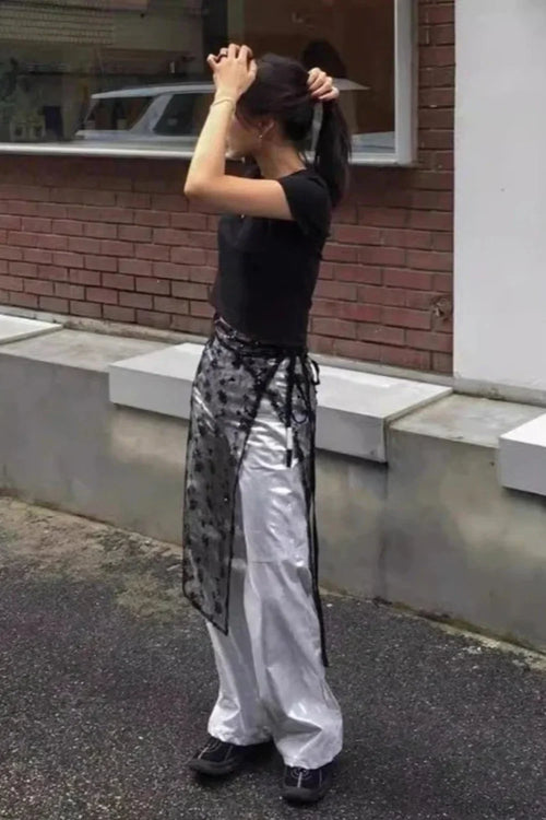 Aesthetic See Through Sequins Flower Lace Long Apron Skirt