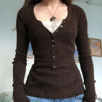 Aesthetic Up Ribbed Lace Arm Patchwork Retro Tops Y2K Skinny Casual Grunge Button Long Fairy Women T-Shirt Blouse