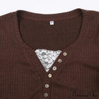 Aesthetic Up Ribbed Lace Arm Patchwork Retro Tops Y2K Skinny Casual Grunge Button Long Fairy Women T-Shirt Blouse