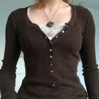 Aesthetic Up Ribbed Lace Arm Patchwork Retro Tops Y2K Skinny Casual Grunge Button Long Fairy Women T-Shirt Blouse
