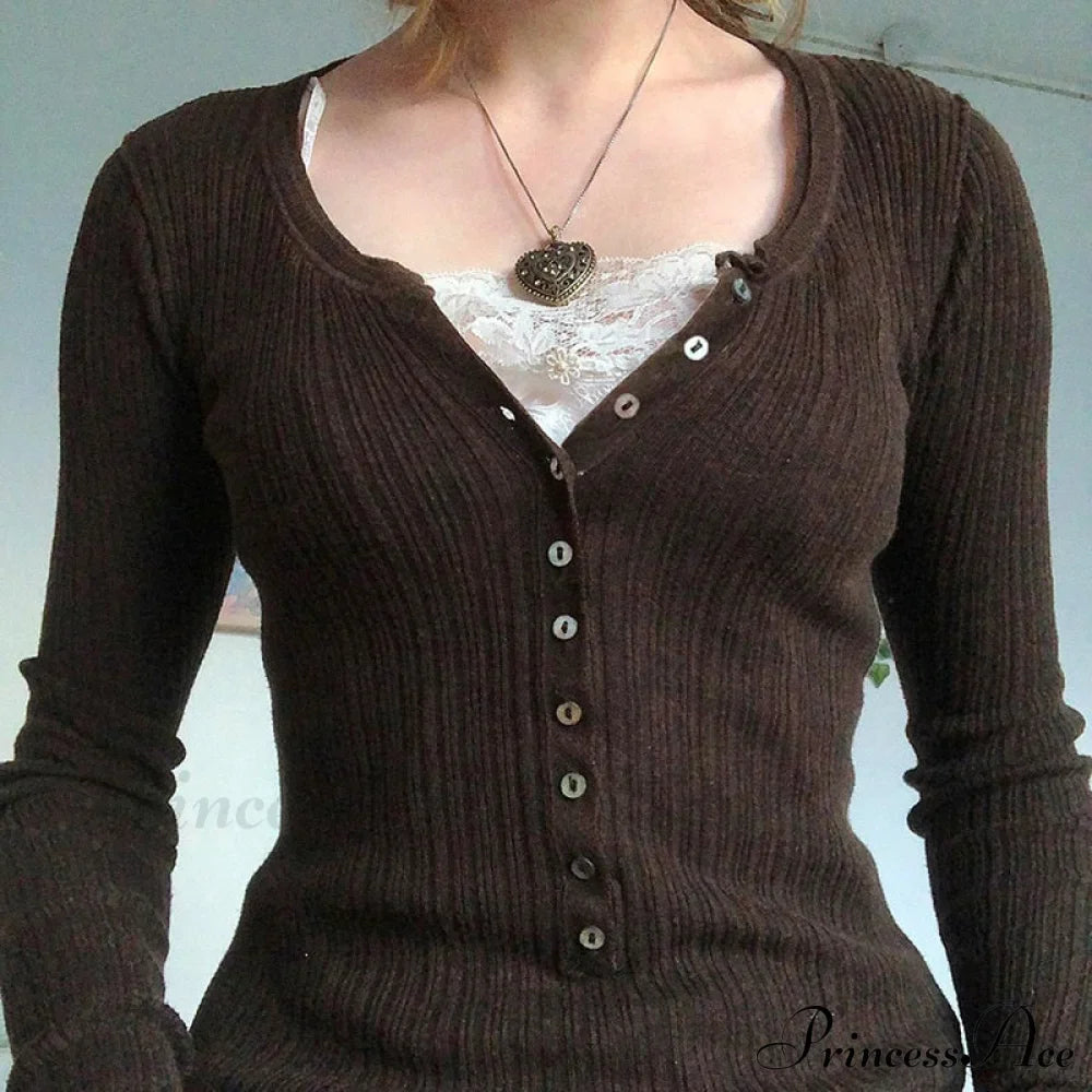 Aesthetic Up Ribbed Lace Arm Patchwork Retro Tops Y2K Skinny Casual Grunge Button Long Fairy Women T-Shirt Blouse