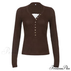Aesthetic Up Ribbed Lace Arm Patchwork Retro Tops Y2K Skinny Casual Grunge Button Long Fairy Women T-Shirt Blouse