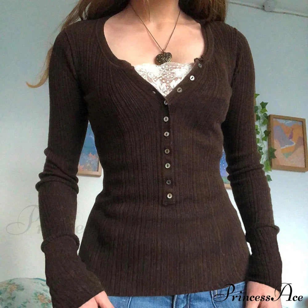 Aesthetic Up Ribbed Lace Arm Patchwork Retro Tops Y2K Skinny Casual Grunge Button Long Fairy Women T-Shirt Blouse