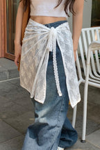 White Lace Apron Skirt With Tie Versatile Half