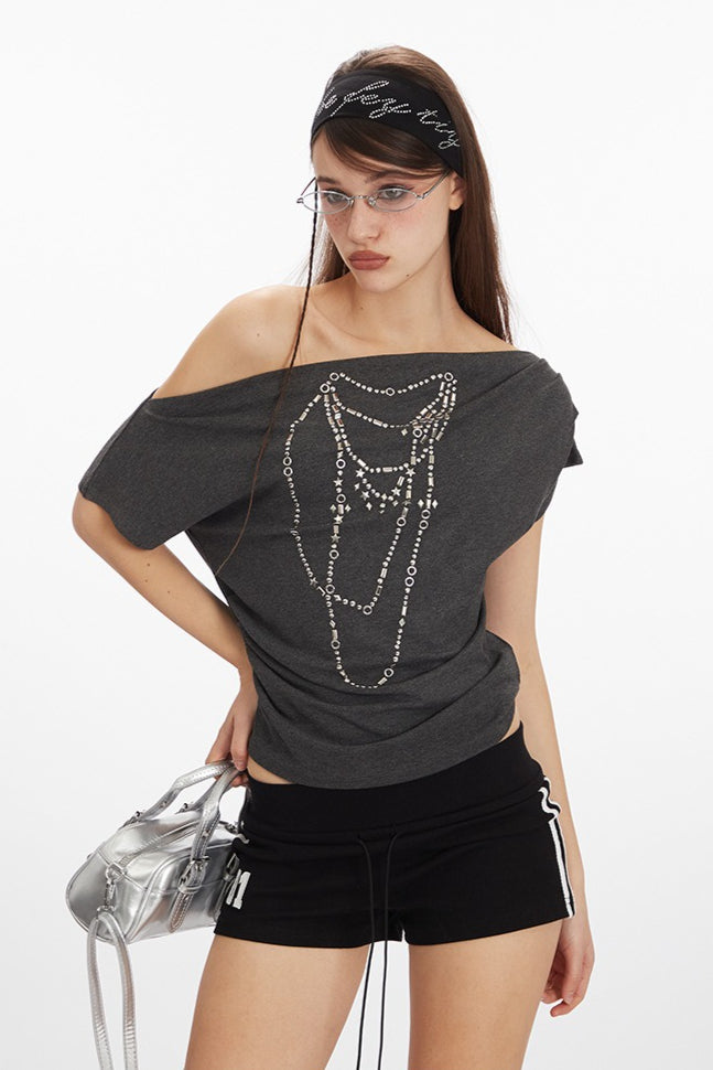 Asym Neck Beaded Cropped T‑Shirt