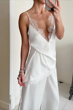 Satin V Neck Lace Slit Cami Top