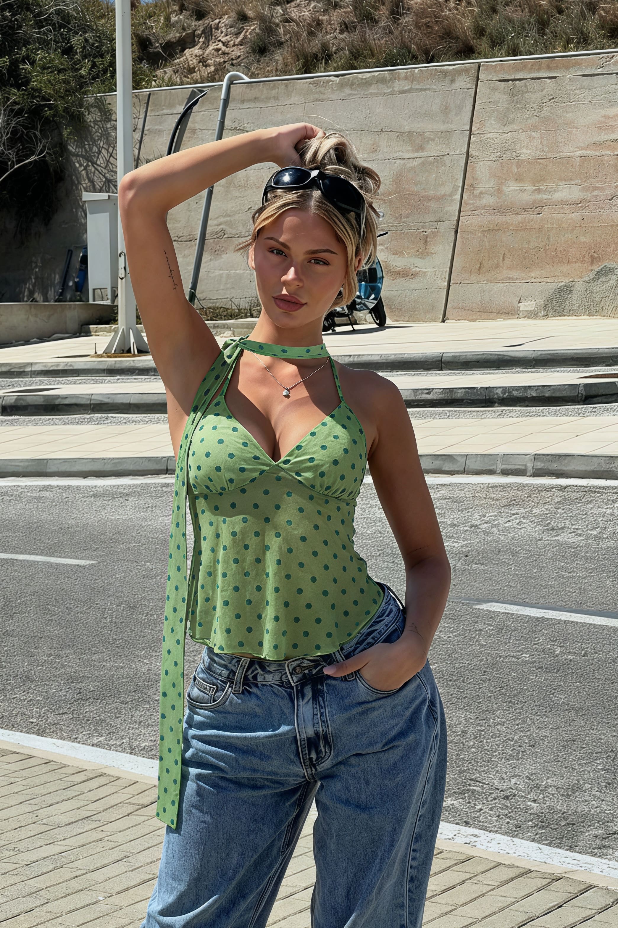 Tie Dye Dot Mesh Deep V Slim Cami Top