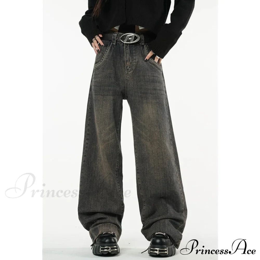 American Blue Jeans Waist Vintage High Streetwear Dark Leg Women - Denim Wide Trouser