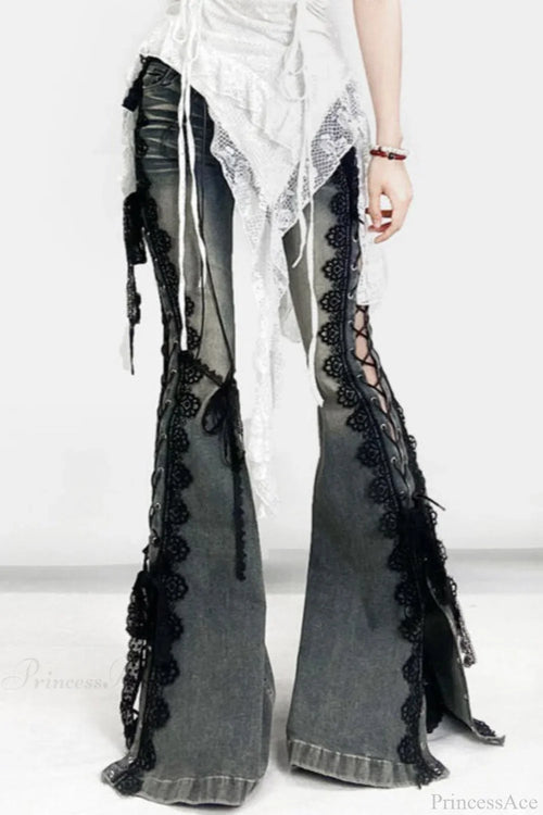 American Retro Lace Strap Slit Bell-Bottom Jeans