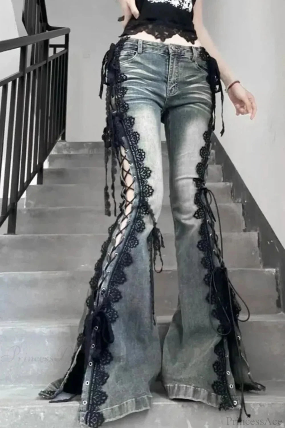 American Retro Lace Strap Slit Bell-Bottom Jeans