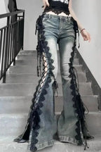 American Retro Lace Strap Slit Bell-Bottom Jeans