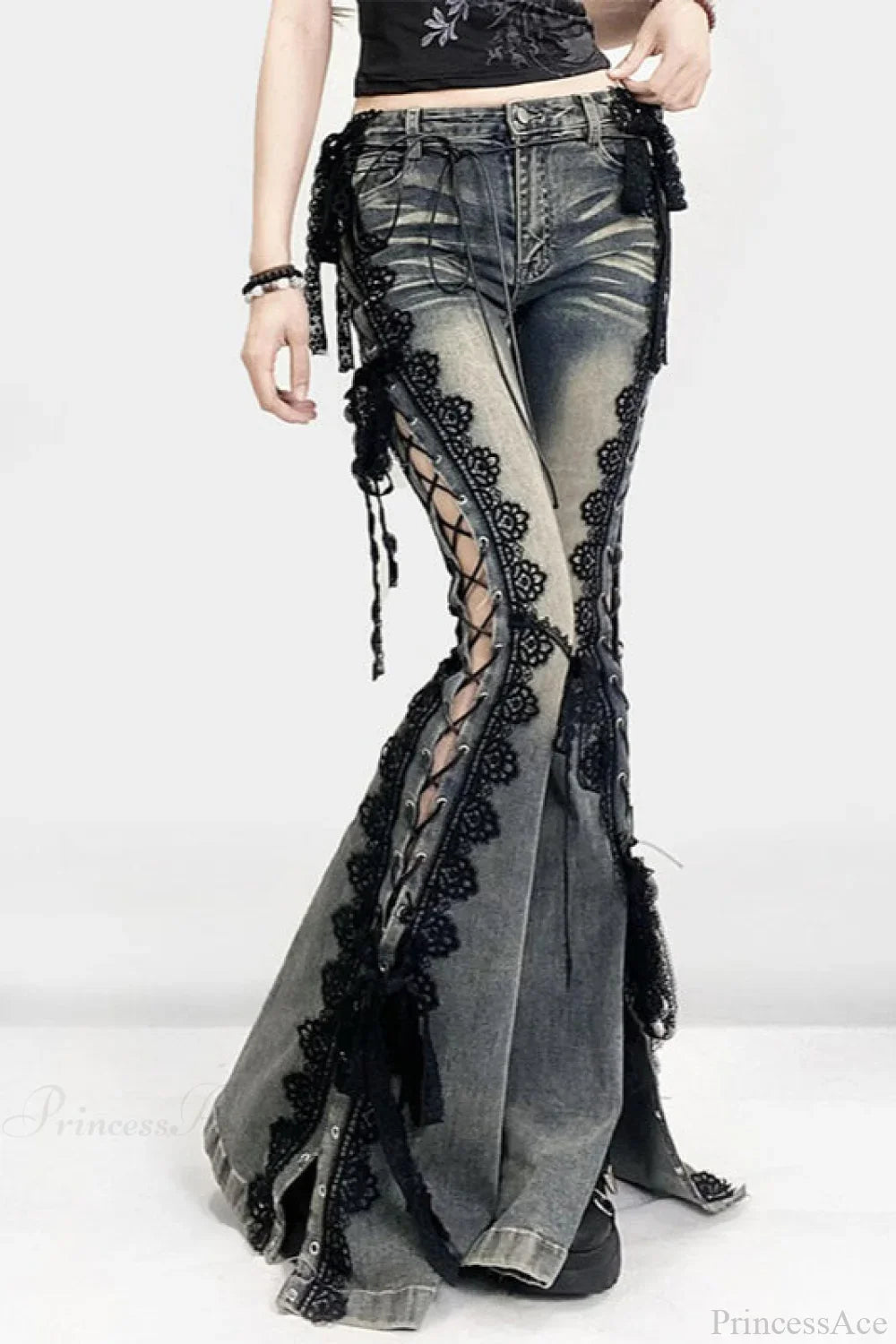 American Retro Lace Strap Slit Bell-Bottom Jeans
