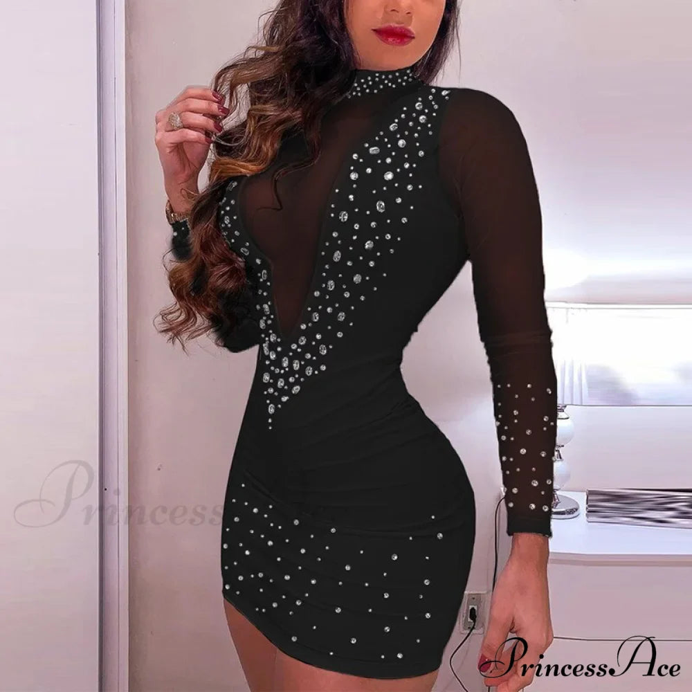 And Arm Detail - Gown Diamond With Lace Long Sheer Mesh Elegant Sequined Patchwork Party Mini Bodycon Dress