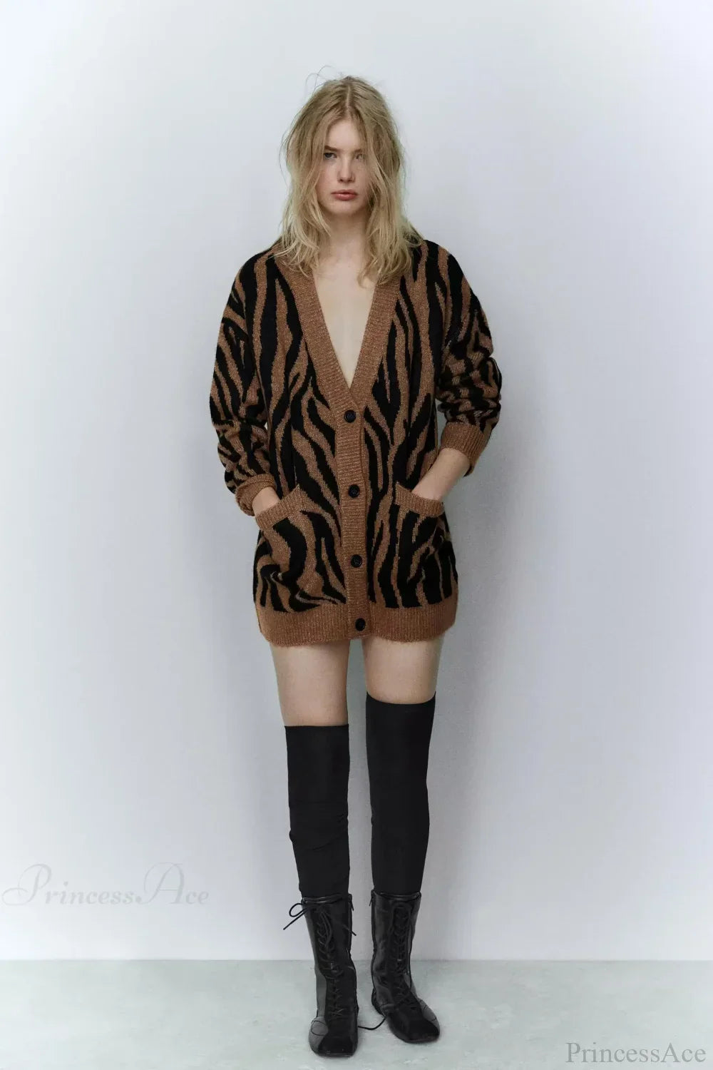 Animal Jacquard V-Neck Long Sleeve Cardigan