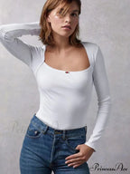 Arm Stretch Flower Boxy Long Thread T-Shirt Body Neck Knitted Top