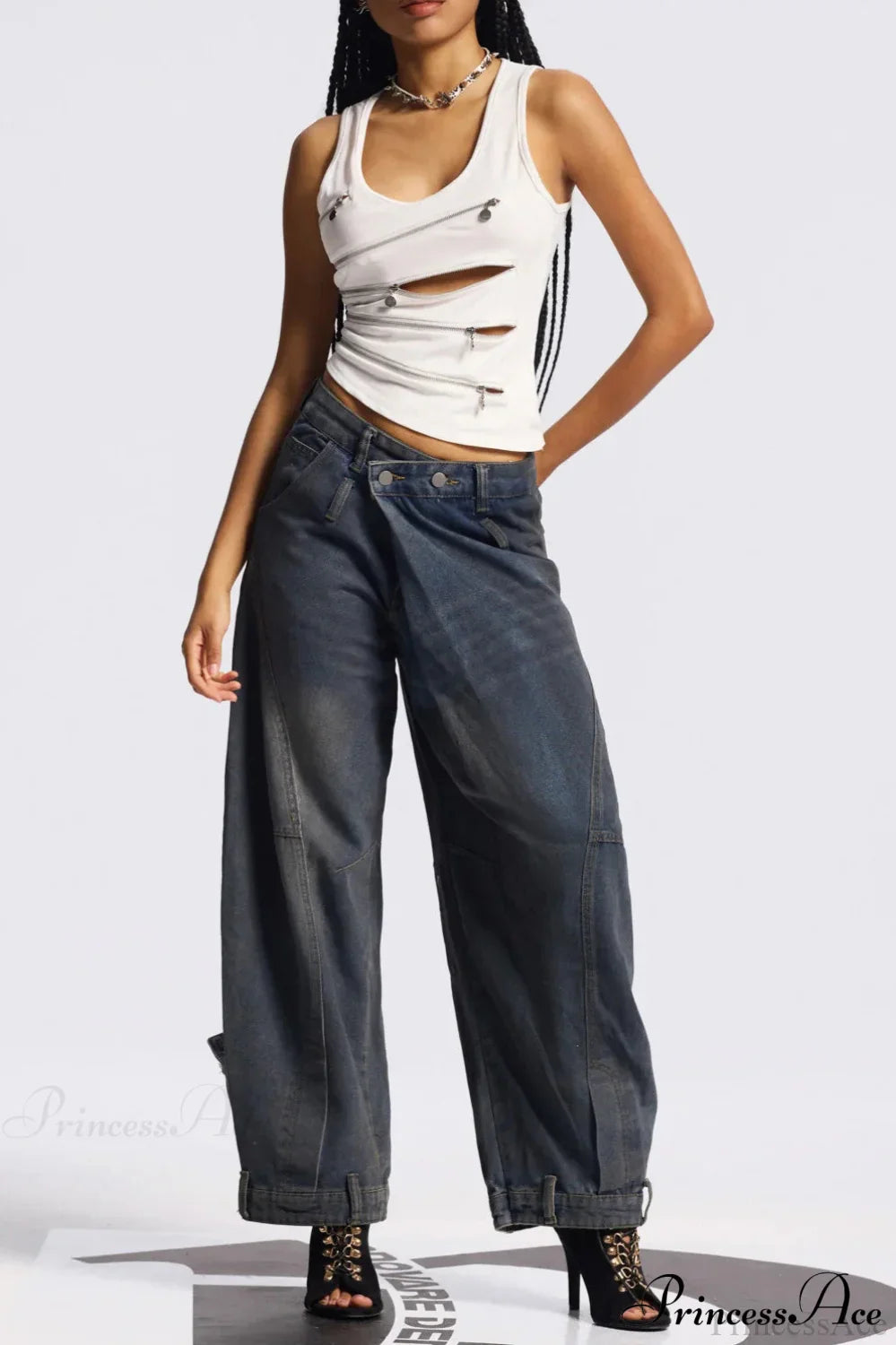 Asymmetric Waist Washed Low Flare Wide Leg Jeans