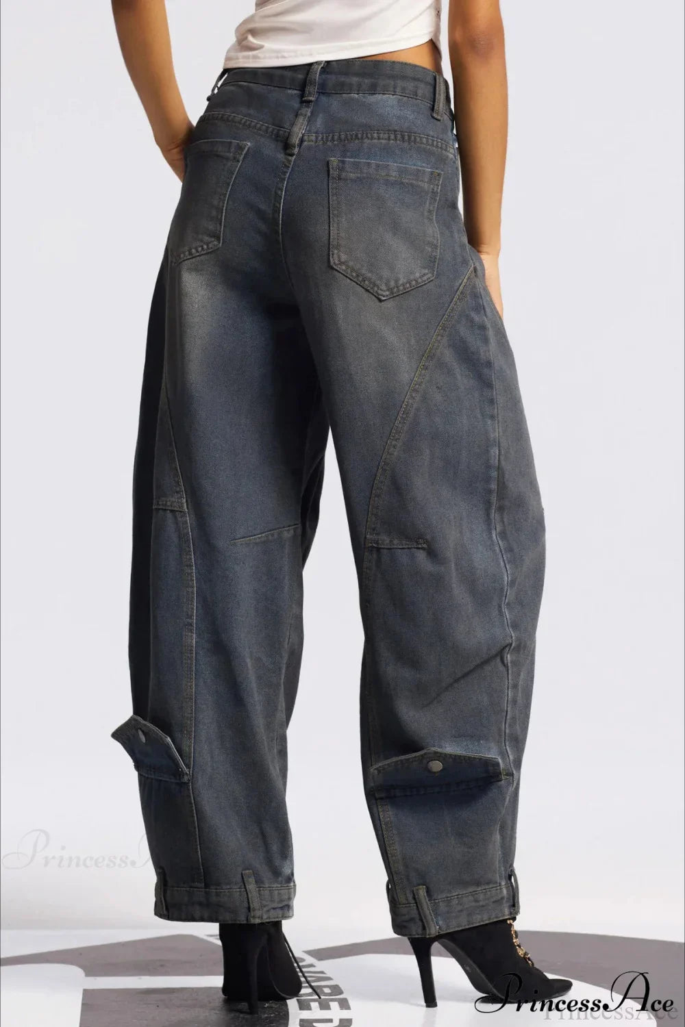 Asymmetric Waist Washed Low Flare Wide Leg Jeans