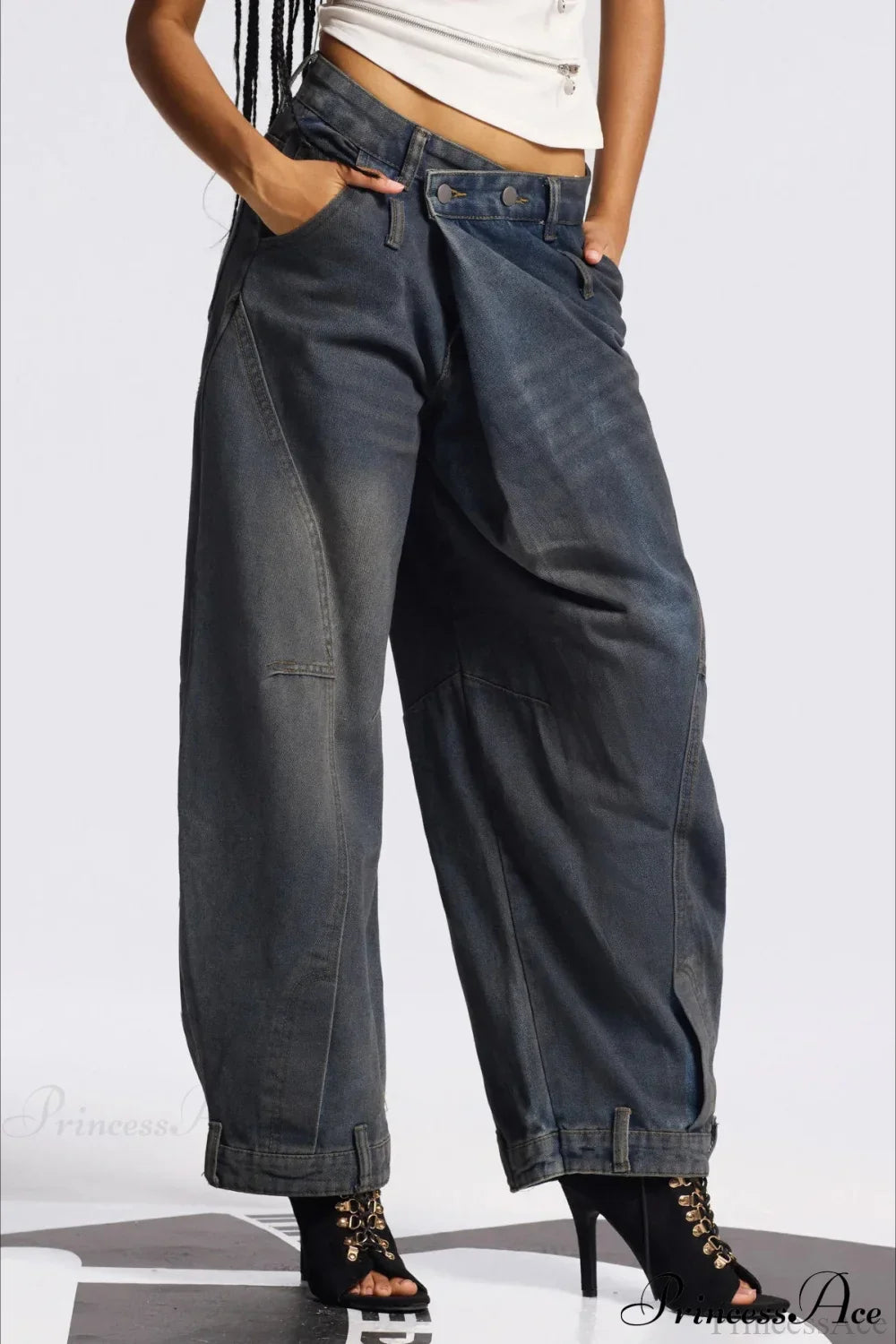 Asymmetric Waist Washed Low Flare Wide Leg Jeans