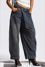 Asymmetric Waist Washed Low Flare Wide Leg Jeans