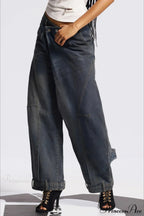 Asymmetric Waist Washed Low Flare Wide Leg Jeans