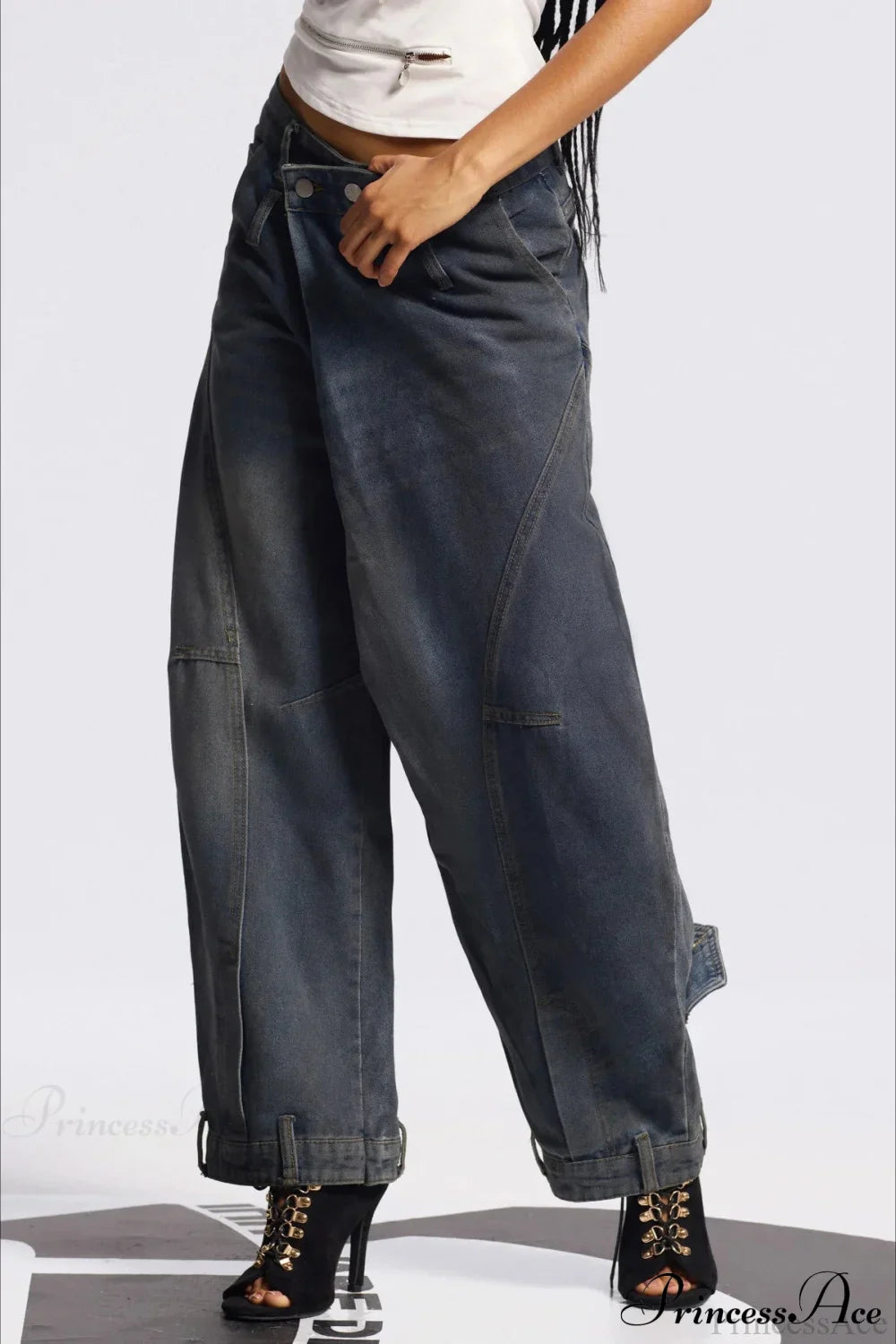 Asymmetric Waist Washed Low Flare Wide Leg Jeans