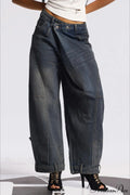 Asymmetric Waist Washed Low Flare Wide Leg Jeans