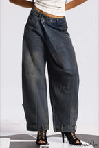 Asymmetric Waist Washed Low Flare Wide Leg Jeans